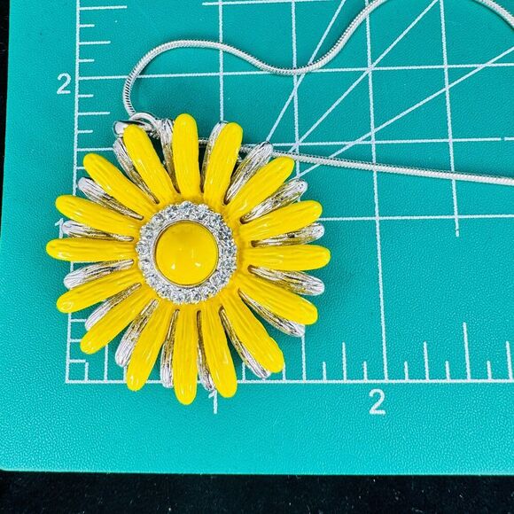 Sunflower Enamel with Rhinestone Pendant Snake Chain Silver Plated Necklace - Picture 7 of 7